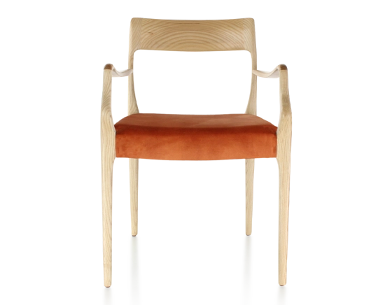 Chaise scandinave avec accoudoirs bois teinte naturelle assise tissu velours terracotta