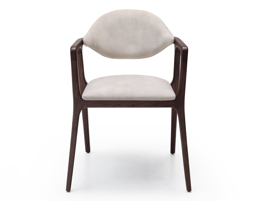 Chaise design avec accoudoirs bois teinte marron foncé et tissu velours sable