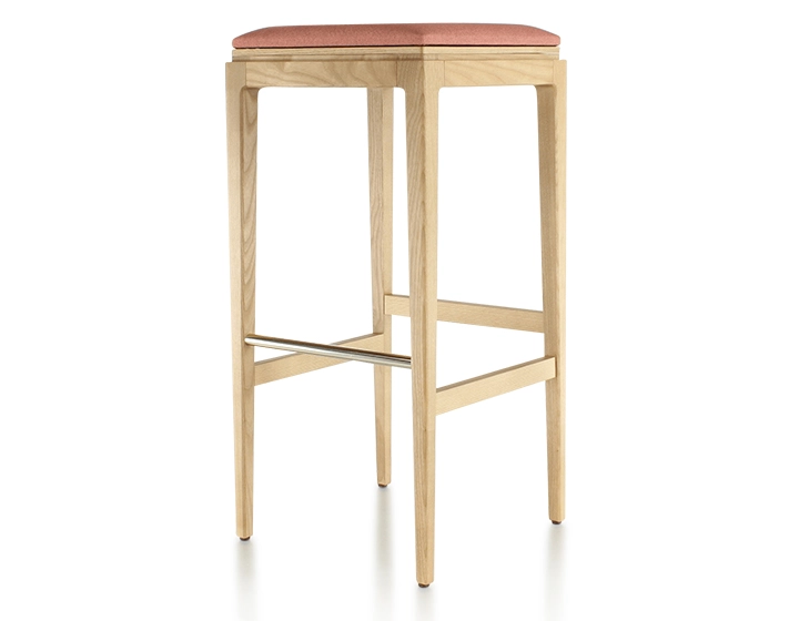 Tabouret de bar design H80 cm bois teinte naturelle assise tissu rose corail
