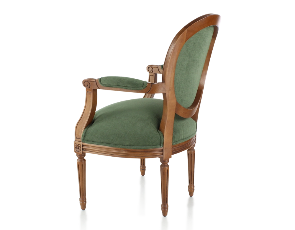 Sillón antiguo estilo Luis XVI madera con tinte envejecido y tejido verde oscuro