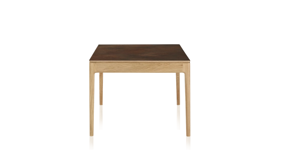 Table salle à manger en chêne et céramique 6 personnes avec bois teinte naturelle et plateau céramique brun oxydé 160x100 cm