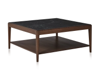 Table basse carrée en chêne et céramique avec tablette en bois teinte marron foncé plateau céramique noir unie 100x100 cm