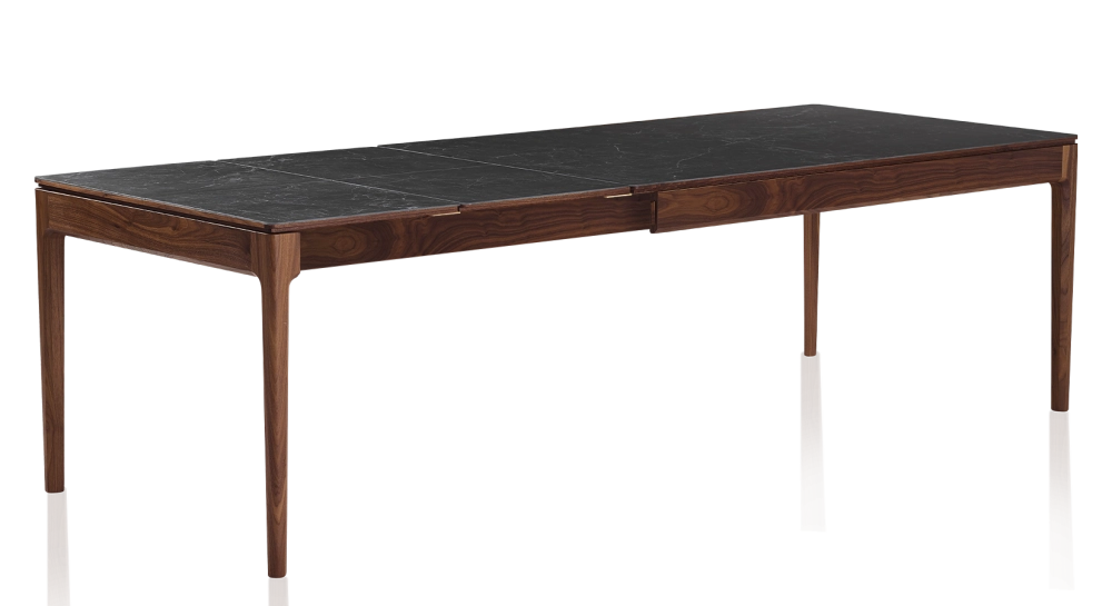 Table extensible 8 à 12 personnes en noyer et céramique allonges céramique avec bois teinte naturelle et plateau et allonges céramique effet ardoise 210x100 cm