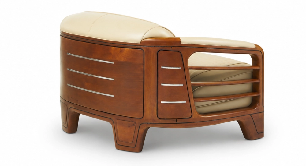 Canapé club bois et cuir 2 places beige