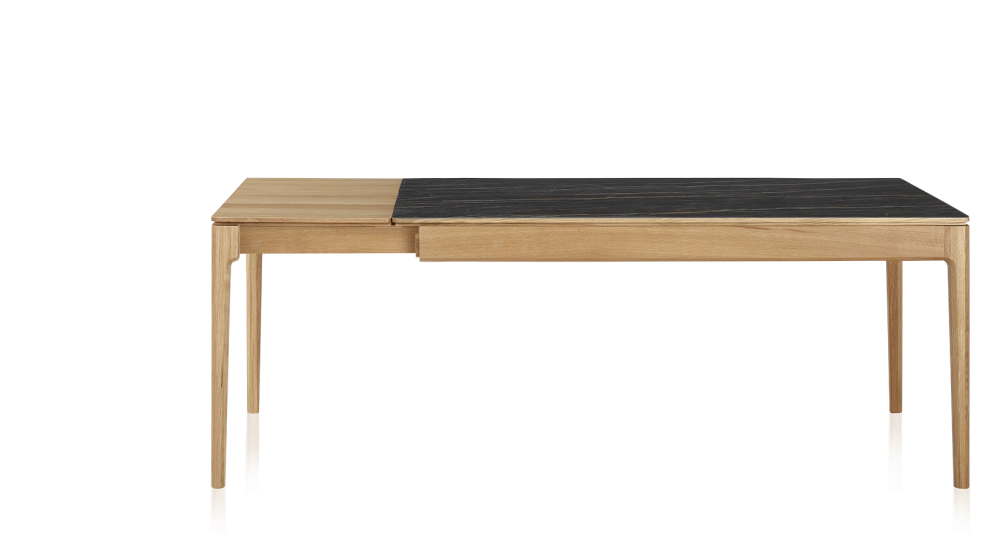 Table extensible 6 à 10 personnes en chêne et céramique allonges bois avec bois teinte naturelle et plateau céramique effet marbre noir 160x100 cm