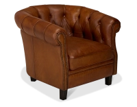 Fauteuil chesterfield cuir marron clair accoudoirs cloutés