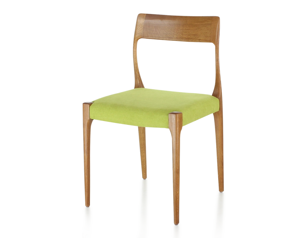 Chaise scandinave bois teinte merisier assise tissu vert pomme