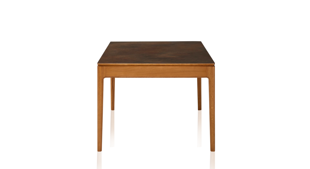 Table salle à manger en chêne et céramique 8 personnes avec bois teinte merisier et plateau céramique brun oxydé 180x100 cm