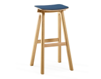 Upholstered oak bar stool H80 cm natural tint wood, navy blue fabric seat