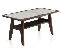 Rectangular coffee table in oak and ceramic with dark brown stained wood white marble effect ceramic top 100x50 cm