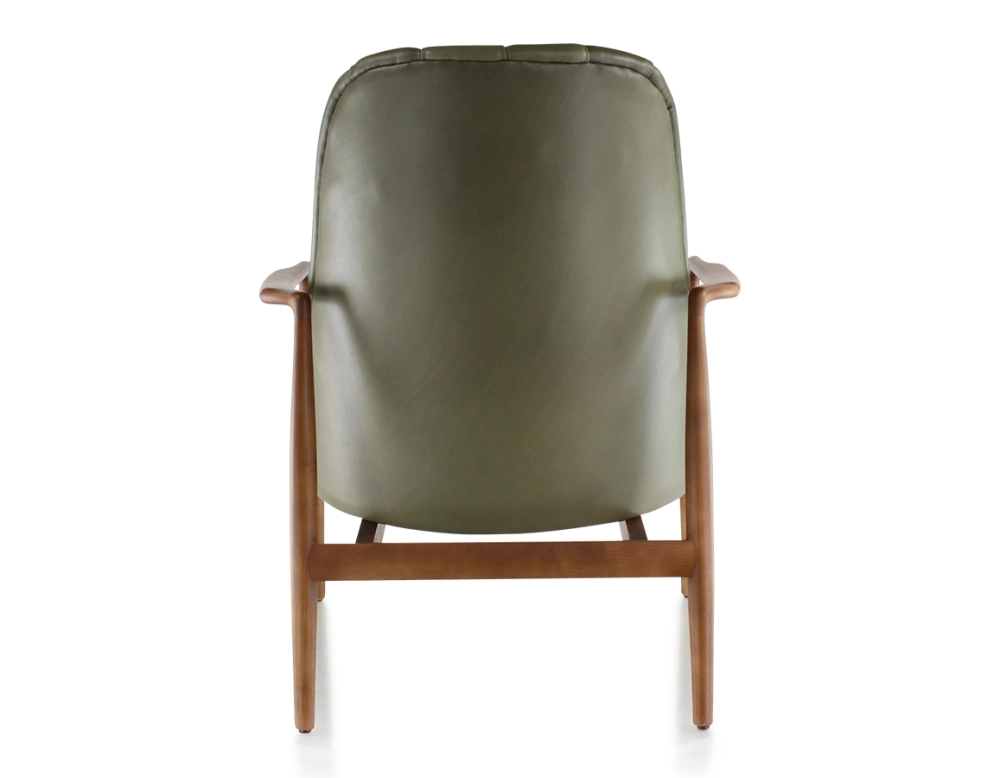 Fauteuil design bois teinte merisier et cuir vert kaki