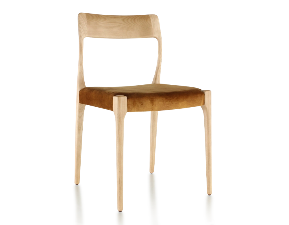 Chaise scandinave bois teinte naturelle assise tissu velours bronze