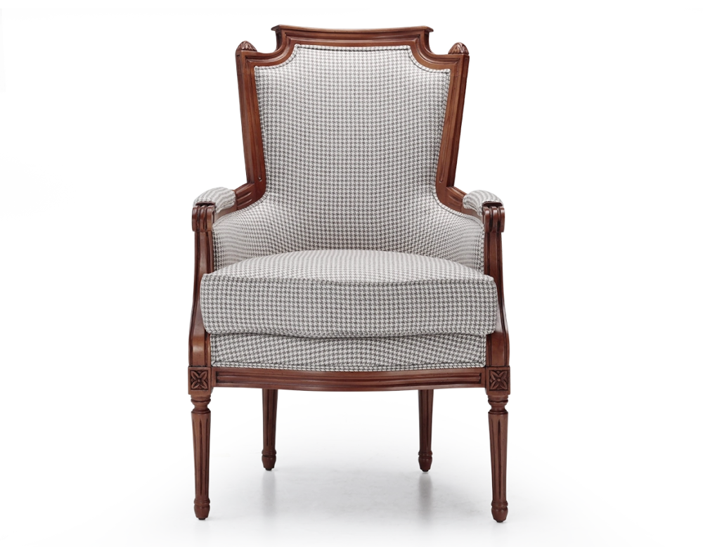 Fauteuil bergère style Louis XVI bois teinte ancienne et tissu pied de poule blanc et taupe