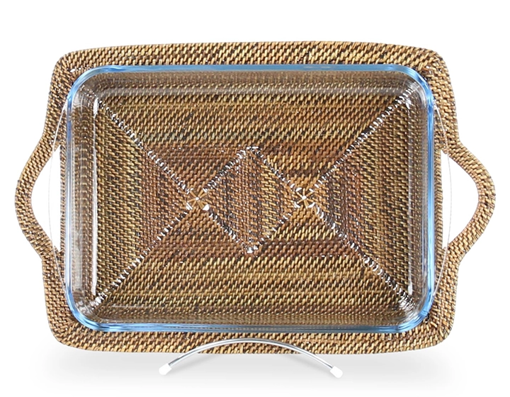 Plat pyrex rectangulaire avec support en fleur de rotin