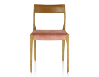 Chaise scandinave bois teinte merisier assise tissu velours rose pâle