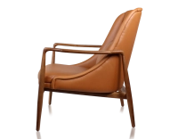 Fauteuil design bois teinte merisier et cuir caramel
