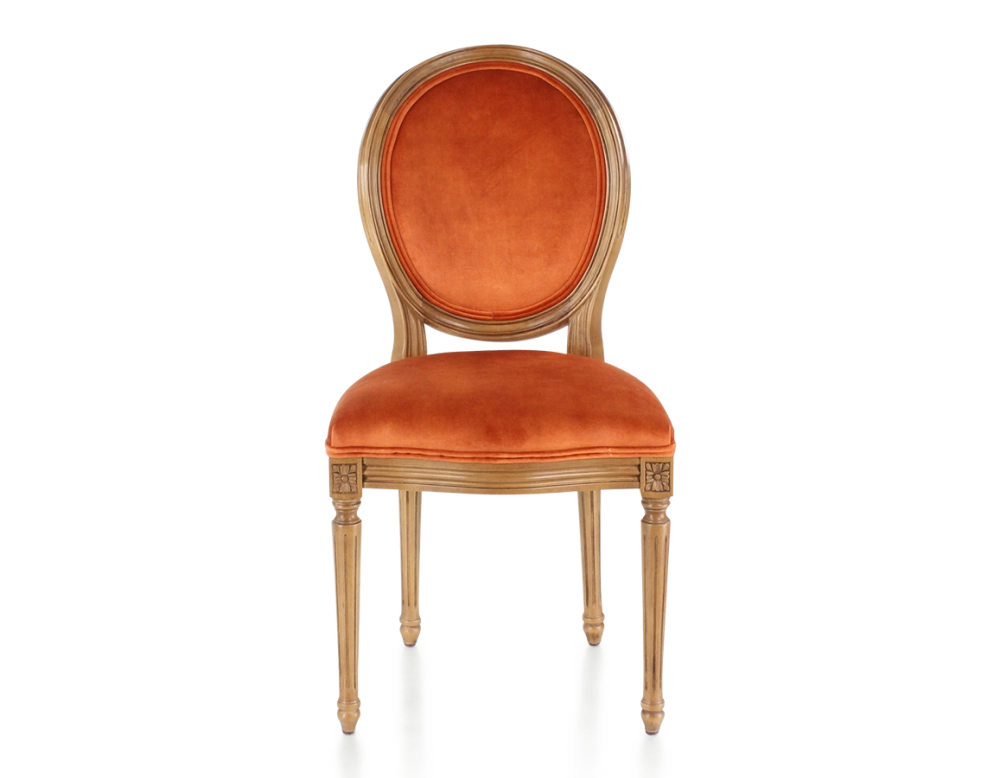 Silla antigua estilo Luis XVI madera con tinte envejecido y tejido de terciopelo terracota