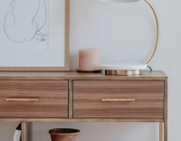 Console design natural tint walnut and brass patina metal