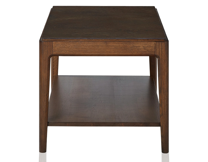Mesa de centro rectangular de roble y cerámica con estante en madera tinte marrón oscuro tablero cerámico marrón oxidado 100x50 cm