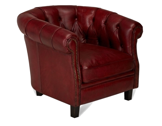 Fauteuil Chesterfield cuir rouge carmin accoudoirs cloutés
