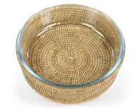 Plat pyrex rond avec support en rotin naturel