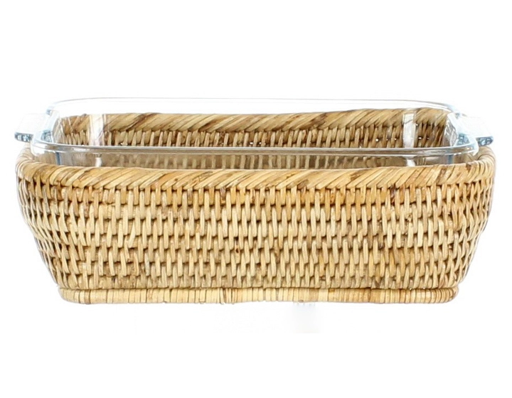 Plat pyrex carré avec support en rotin naturel