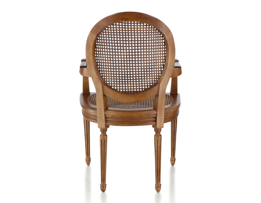 Antique Louis XVI style armchair with armrests wood stained antique seat and back caned