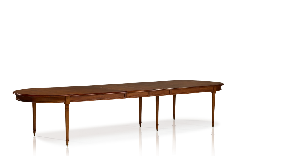 Table extensible Louis XVI allongée pour 14 à 20 personnes bois teinte ancienne avec 4 allonges 310x120 cm