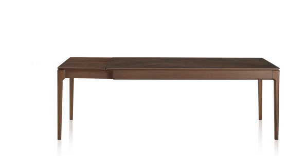 Table extensible 8 à 12 personnes en chêne et céramique allonges céramique avec bois teinte marron foncé et plateau et allonges céramique brun oxydé 210x100 cm