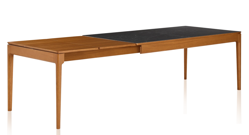 Extendable table for 8 to 12 people in oak and ceramic with wooden extensions with cherry-tinted wood and slate-effect ceramic top 160x100 cm