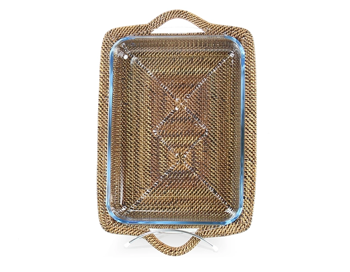 Plat pyrex rectangulaire avec support en fleur de rotin