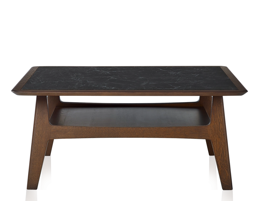 Square coffee table in oak and ceramic with dark brown stained wood and slate effect ceramic top 100x100 cm