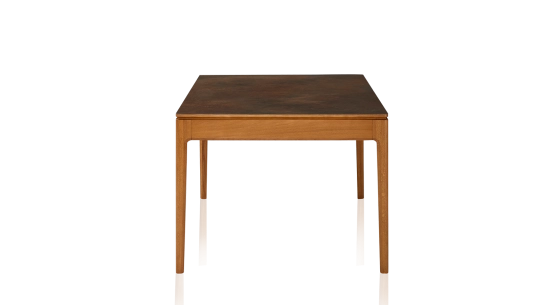 Table salle à manger en chêne et céramique 8 personnes avec bois teinte merisier et plateau céramique brun oxydé 180x100 cm