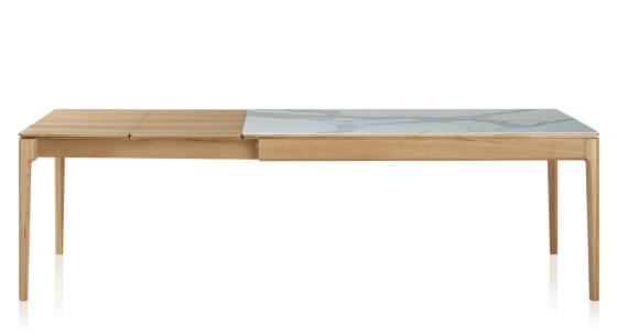 Table extensible 6 à 10 personnes en chêne et céramique allonges bois avec bois teinte naturelle et plateau céramique effet marbre blanc 140x90 cm