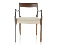 Chaise scandinave avec accoudoirs bois teinte marron foncé assise tissu camel