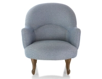 Fauteuil crapaud avec accoudoirs pieds bois teinte noyer et tissu chevron bleu