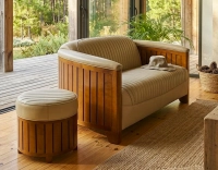 Pouf rond bois et cuir beige