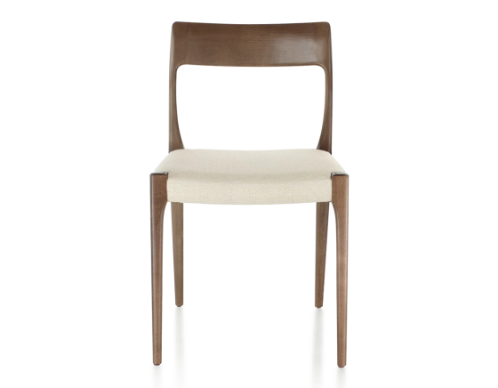 Chaise scandinave bois teinte marron foncé assise tissu chevron beige