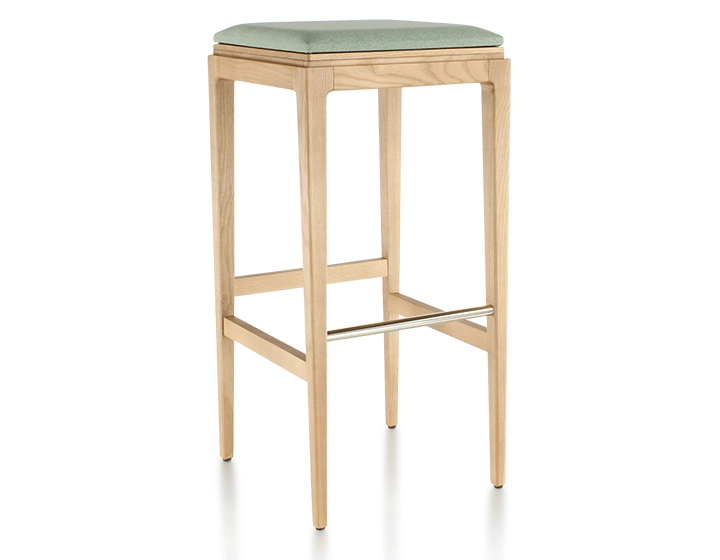 Tabouret de bar design H80 cm bois teinte naturelle assise tissu vert sauge