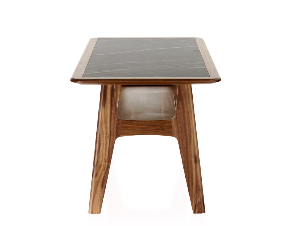 Table basse rectangulaire en noyer et céramique bois teinte naturelle plateau céramique effet marbre noir 100x50 cm
