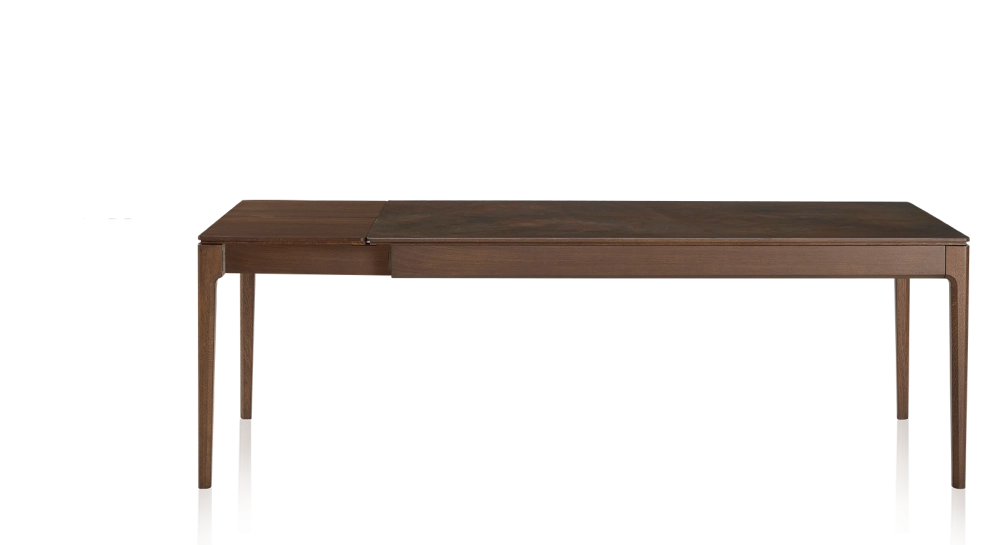 Extendable table for 8 to 12 people in oak and ceramic with wooden extensions with dark brown stained wood and oxidised brown ceramic top 180x100 cm