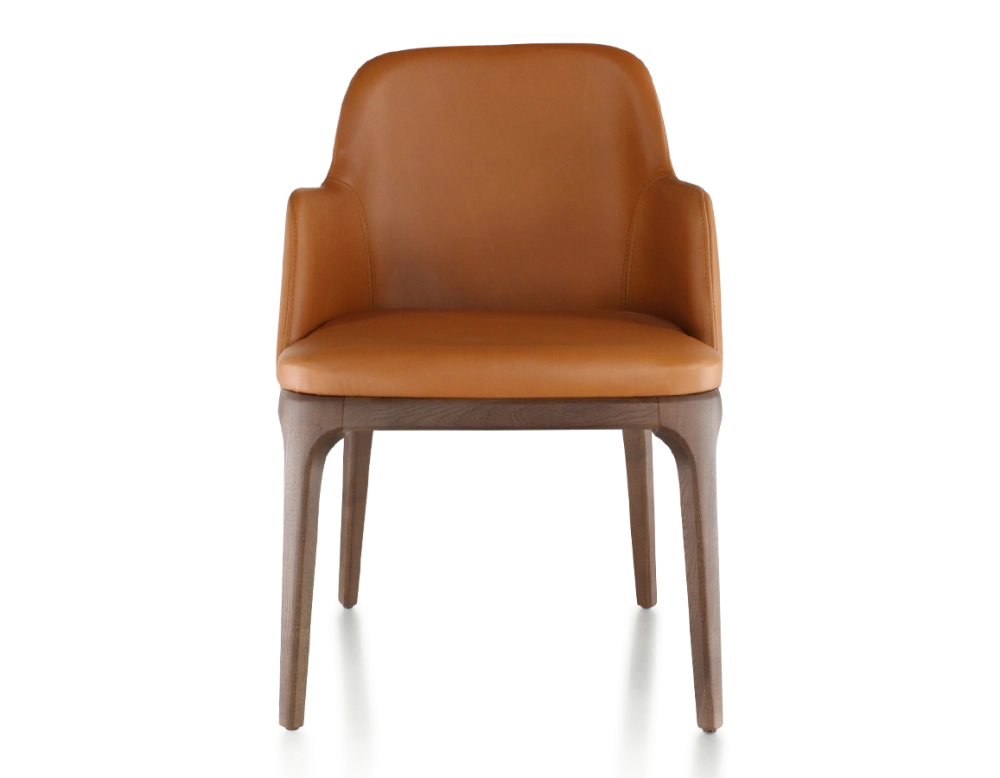 Silla de diseño con reposabrazos madera tintada marrón oscuro y piel caramelo