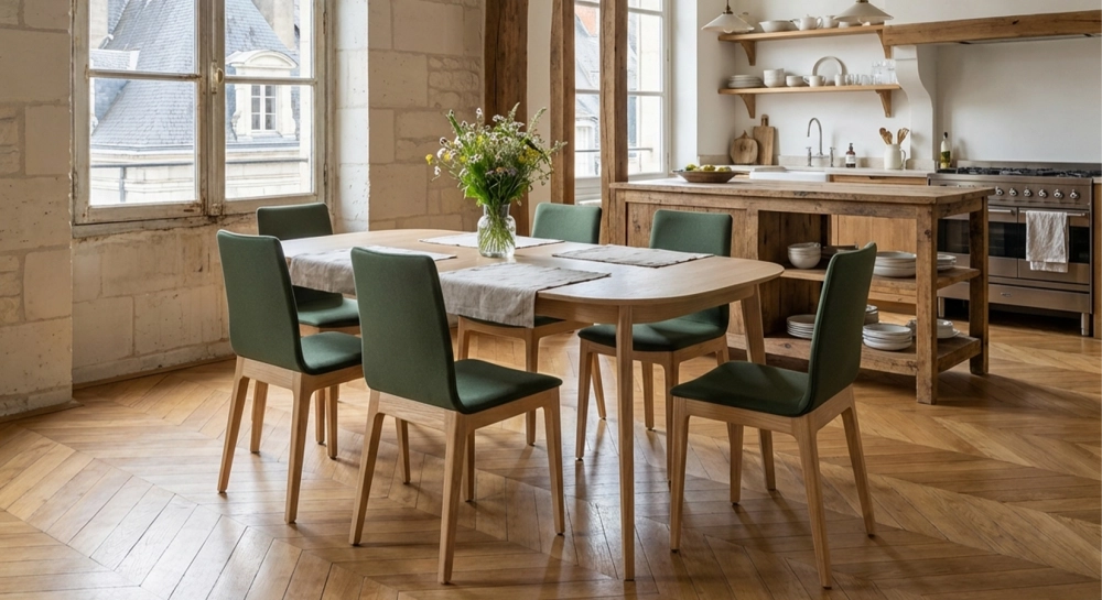 Table extensible en chêne 6 à 10 personnes avec plateau et allonges bois teinte naturelle 140x90 cm