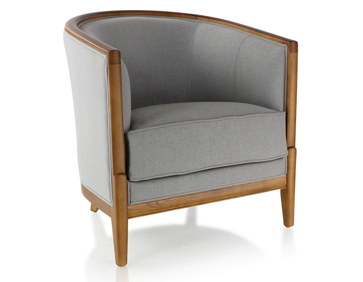 Fauteuil ancien bois teinte merisier et tissu gris clair