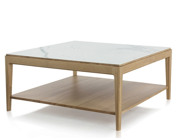 Mesa de centro cuadrada de roble y cerámica con estante en madera tinte natural tablero cerámico efecto mármol blanco 100x100 cm