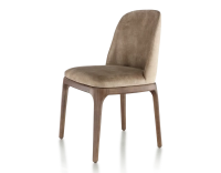 Designer chair dark brown stained wood and light taupe velvet fabric