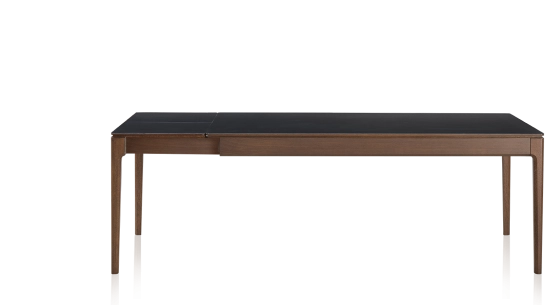 Table extensible 8 à 12 personnes en chêne et céramique allonges céramique avec bois teinte marron foncé et plateau et allonges céramique noire unie 180x100 cm
