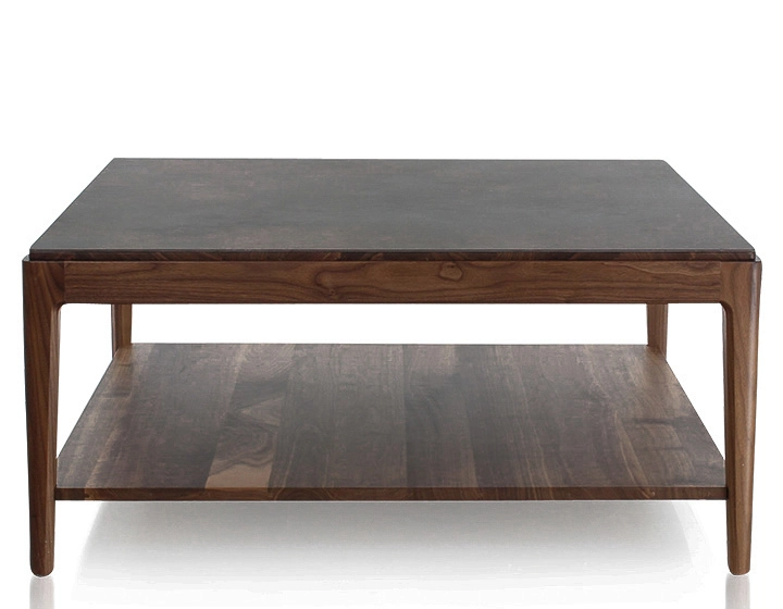 Table basse carrée en noyer et céramique avec tablette en bois teinte naturelle plateau céramique brun oxydé 100x100 cm