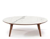 Table basse ronde F1 en noyer et céramique bois teinte naturelle plateau céramique effet marbre blanc 90x90x30 cm