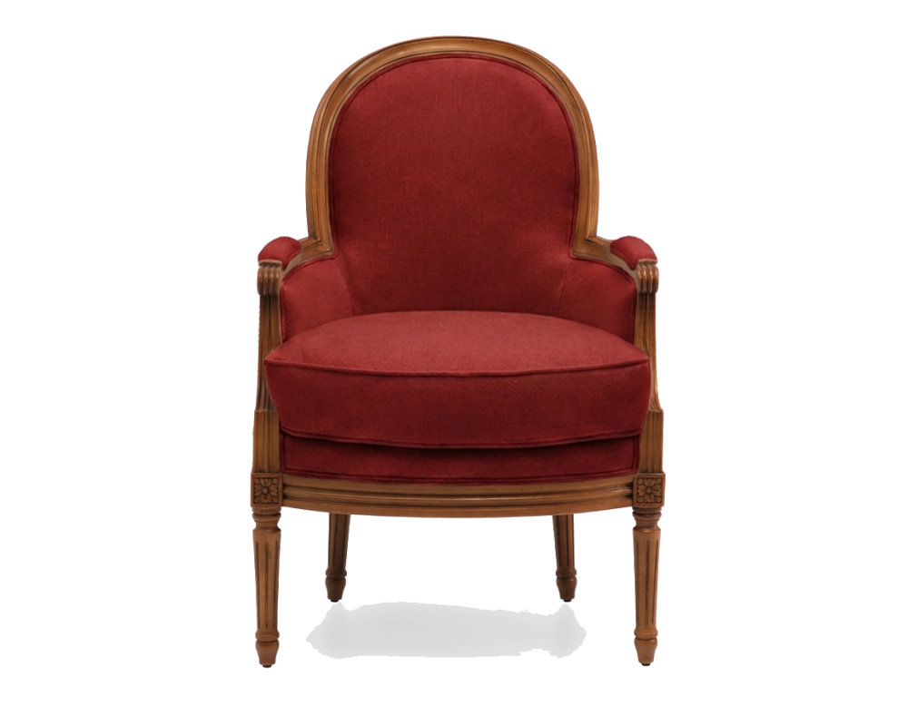 Fauteuil bergère mouluré style Louis XVI bois teinte ancienne et tissu bordeaux